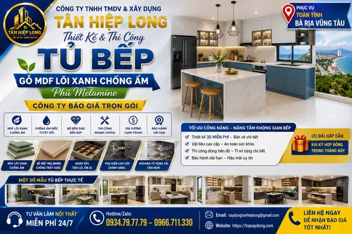 Làm Tủ Bếp gỗ MDF lõi xanh chống ẩm phủ Melamine ở Vũng Tàu