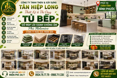 Làm Tủ Bếp gỗ MDF lõi xanh chống ẩm phủ Melamine ở Bình Phước