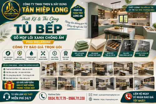 Làm Tủ Bếp gỗ MDF lõi xanh chống ẩm phủ Melamine ở Long An