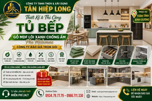 Làm Tủ Bếp gỗ MDF lõi xanh chống ẩm phủ Melamine ở Bình Dương