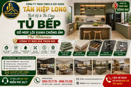 Làm Tủ Bếp gỗ MDF lõi xanh chống ẩm phủ Melamine ở Đồng Nai