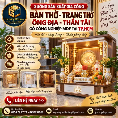 Địa chỉ sản xuất gia công Trang Thờ Bàn Thờ Thần Tài Thổ Địa tại TpHCM