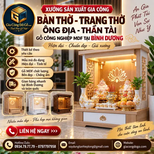 Địa chỉ sản xuất gia công Trang Thờ Bàn Thờ Thần Tài Thổ Địa tại Bình Dương