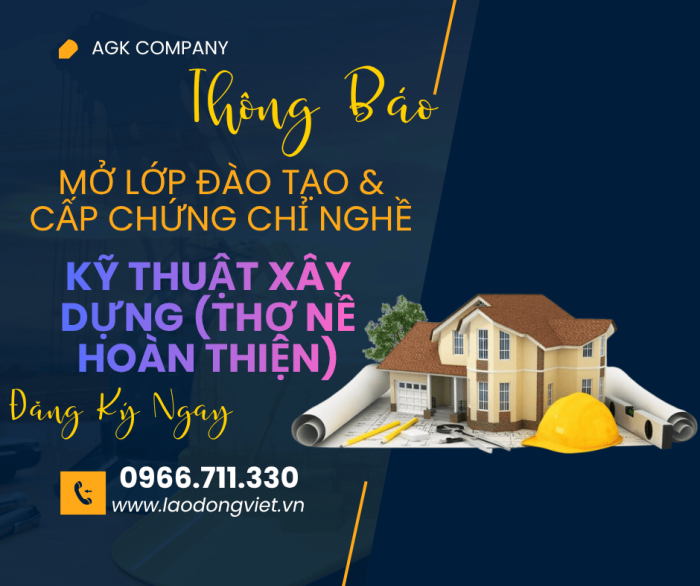 Đào Tạo & Cấp Chứng chỉ Thợ Nề Hoàn Thiện - Kỹ Thuật Xây Dựng