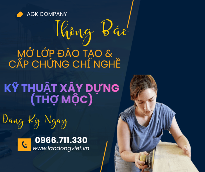 Đào Tạo & Cấp Chứng chỉ Nghề Thợ Mộc - Kỹ Thuật Xây Dựng