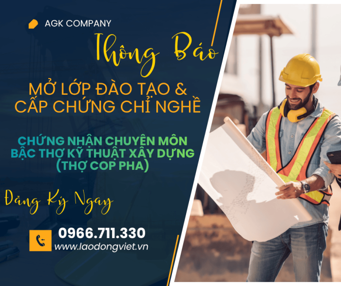 Đào Tạo & Cấp Chứng chỉ Thợ Cop Pha - Chứng Nhận Chuyên Môn Bậc Thợ Kỹ Thuật Xây Dựng 