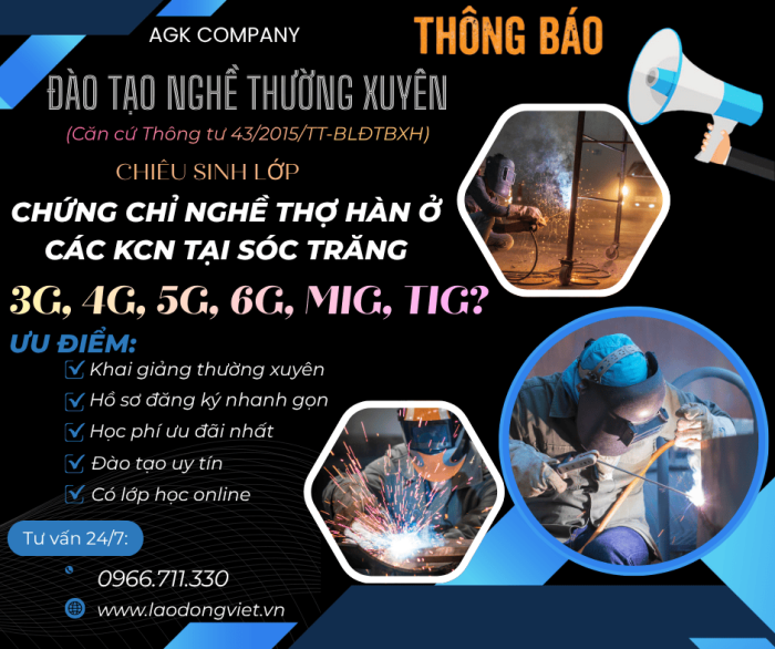 Học Chứng Chỉ Nghề Hàn tại Sóc Trăng: 3G/4G/5G/6G/MIG/TIG ở Các KCN 