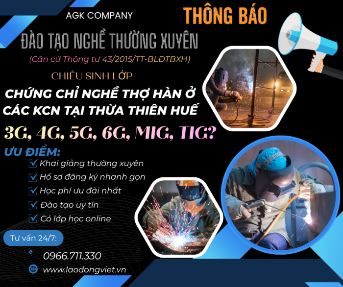 Học Chứng Chỉ Nghề Hàn tại Huế:3G/4G/5G/6G/MIG/TIG ở Các KCN 