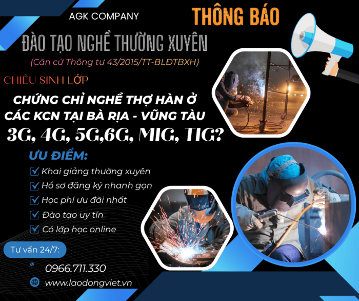 Học Chứng Chỉ Nghề Hàn tại Bà Rịa – Vũng Tàu: 3G/4G/5G/6G/MIG/TIG ở Các KCN