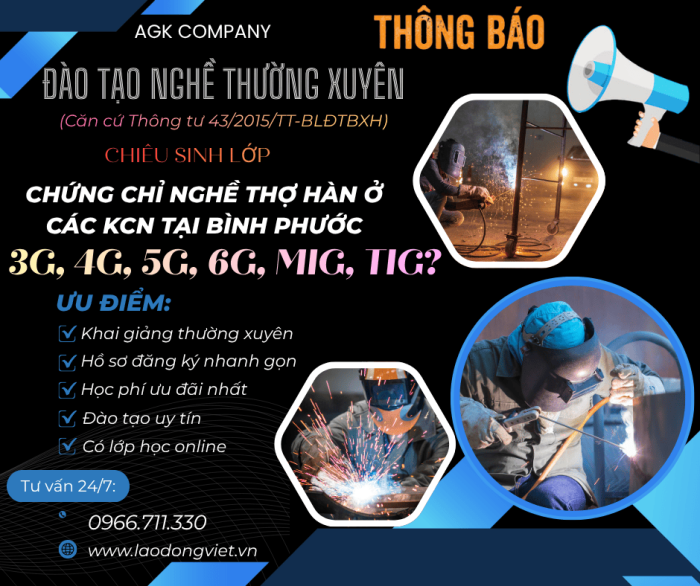Học Chứng Chỉ Nghề Hàn tại Bình Phước: 3G/4G/5G/6G/MIG/TIG ở Các KCN 