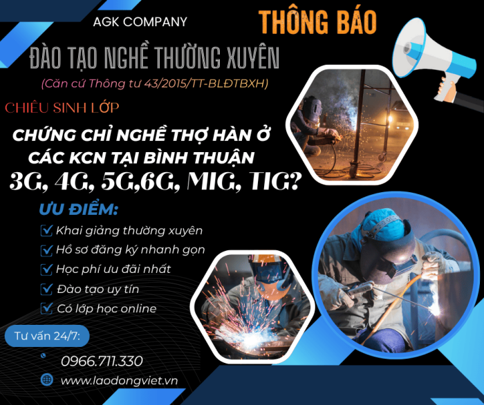 Học Chứng Chỉ Nghề Hàn tại Bình Thuận: 3G/4G/5G/6G/MIG/TIG ở Các KCN 