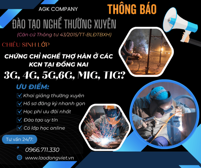 Học Chứng Chỉ Nghề Hàn: 3G-4G-5G-6G-MIG-TIG ở Các KCN tại Đồng Nai