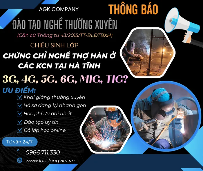 Học Chứng Chỉ Nghề Hàn tại Hà Tĩnh: 3G/4G/5G/6G/MIG/TIG ở Các KCN 