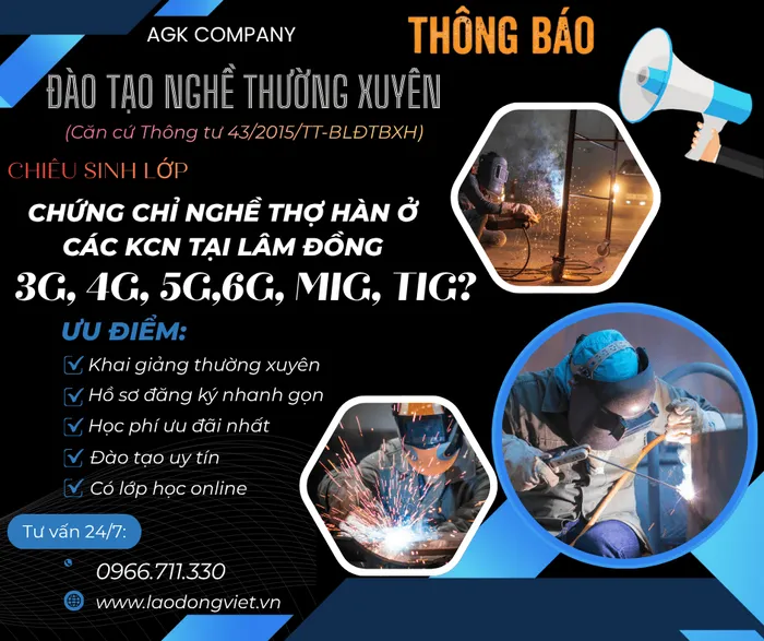 Học Chứng Chỉ Nghề Hàn tại Lâm Đồng: 3G/4G/5G/6G/MIG/TIG ở Các KCN 