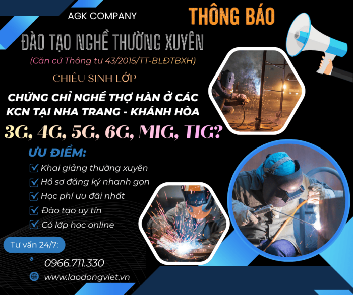 Học Chứng Chỉ Nghề Hàn tại Nha Trang - Khánh Hòa: 3G/4G/5G/6G/MIG/TIG ở Các KCN 