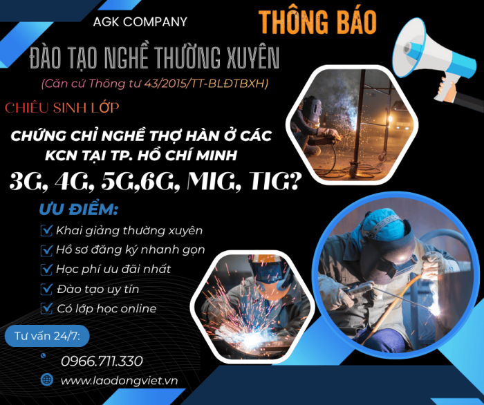 Học Chứng Chỉ Nghề Hàn: 3G/4G/5G/6G/MIG/TIG ở Các KCN tại TpHồ Chí Minh