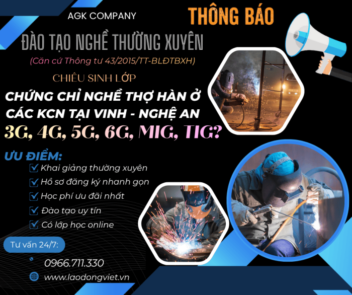 Học Chứng Chỉ Nghề Hàn tại Vinh - Nghệ An: 3G/4G/5G/6G/MIG/TIG ở Các KCN 