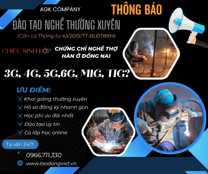 Học Chứng Chỉ Nghề Hàn tại Đồng Nai: 3G/4G/5G/6G/MIG/TIG