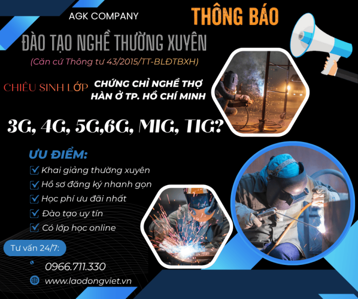 Học Chứng Chỉ Nghề Hàn tại TpHồ Chí Minh: 3G-4G-5G-6G-MIG-TIG 