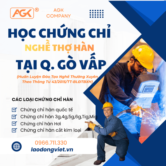Học chứng chỉ nghề Thợ hàn ở QGò Vấp (3G/4G/5G/6G/TIG/MIG) 
