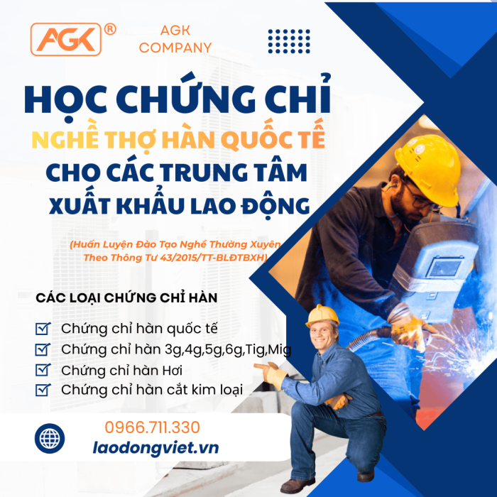 Cấp chứng chỉ nghề Thợ cho đơn hàng đi xuất khẩu lao động nước ngoài (3G/4G/5G/6G/TIG/MIG) 