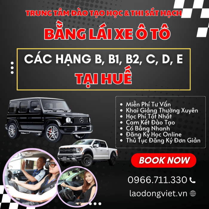 Đăng Ký Học & Thi Bằng Lái Xe Ô Tô Hạng B1-B2-C-D ở Huế
